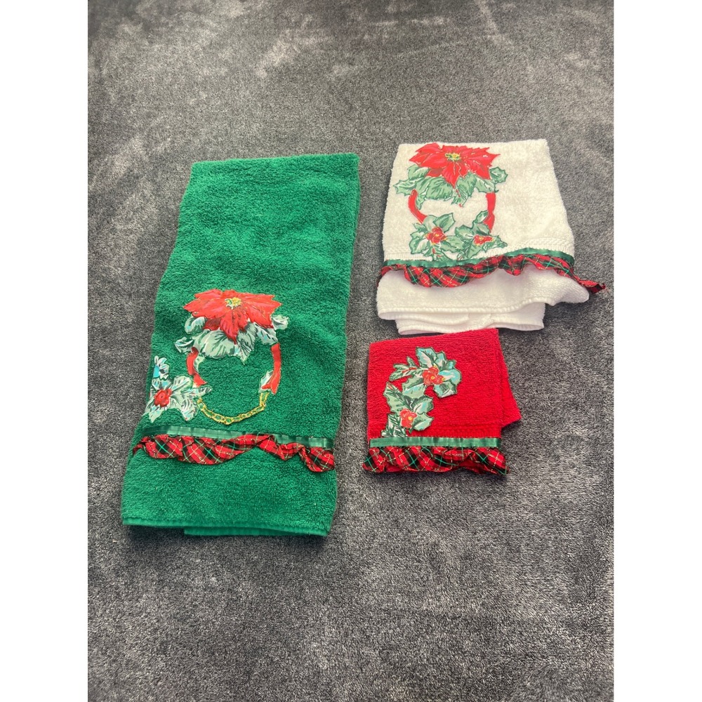 Vintage Cannon Christmas Towel Set Poinsettia Plaid Ruffle Red Green White 3pc